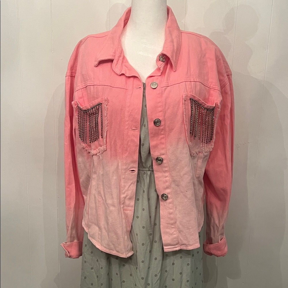 Pink Ombre Denim Jacket with Chain Fringe Pocket Detail S/M